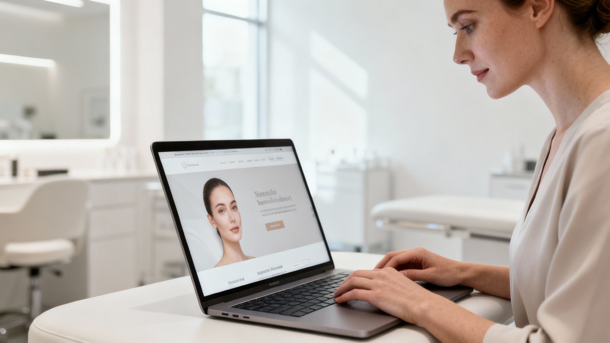 UK woman using laptop in aesthetics clinic, viewing website design.