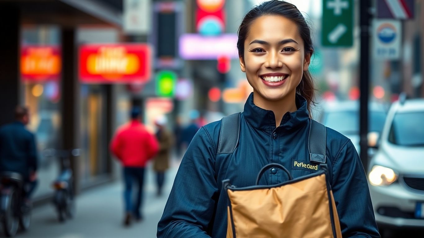 Entregador do iFood sorrindo com bolsa térmica
