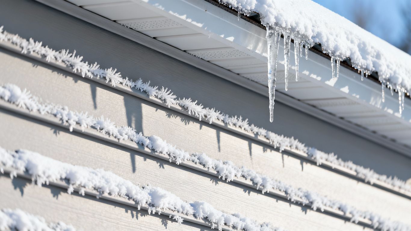 House siding covered in light snow and icicles.