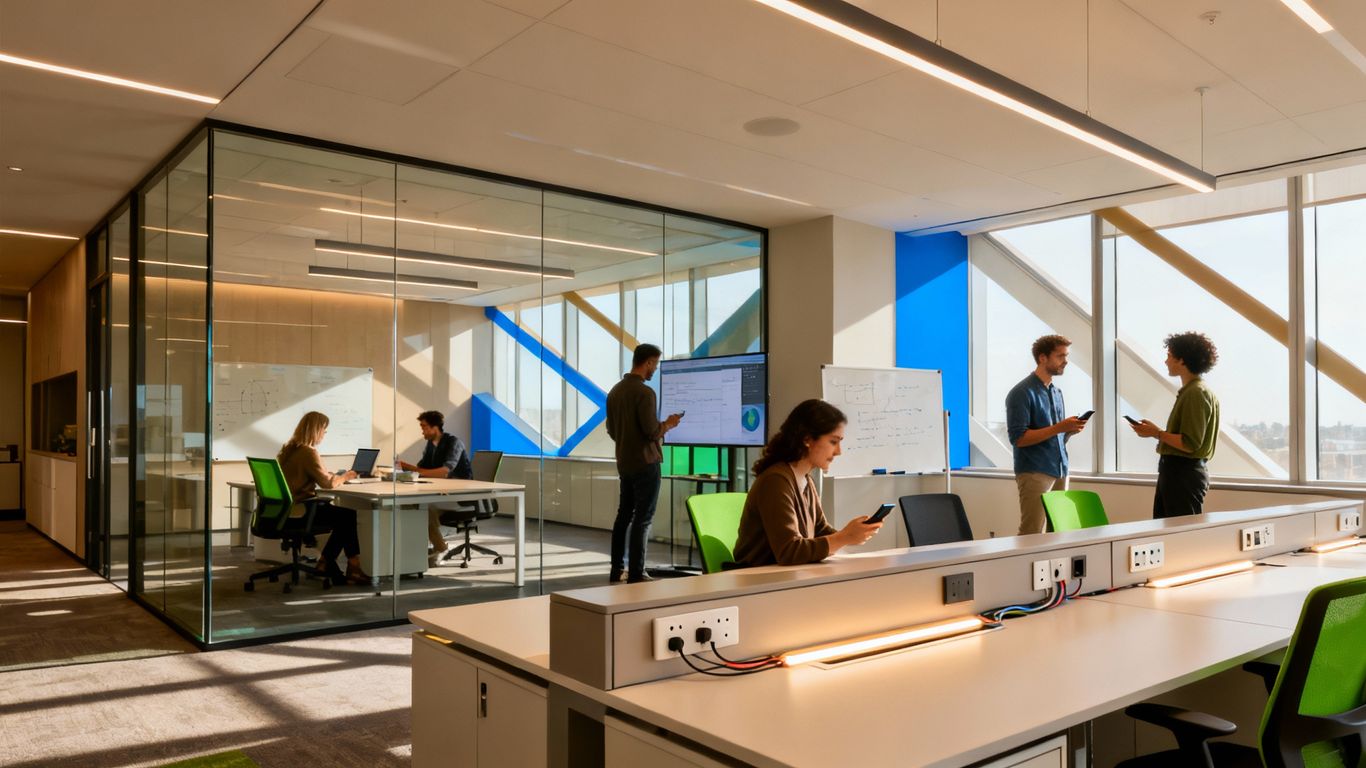 Modern office interior with people and low-voltage solutions.