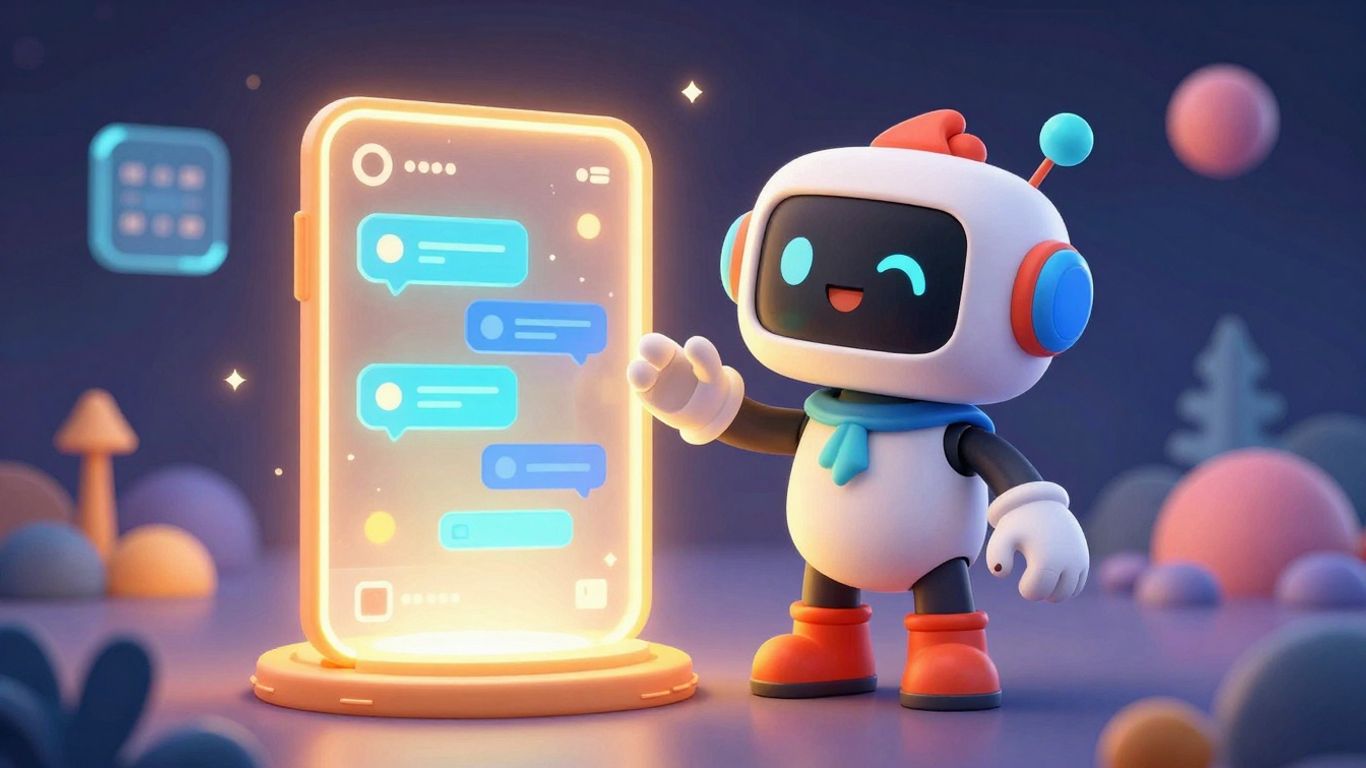 AI chatbot character learning from a glowing knowledge base.