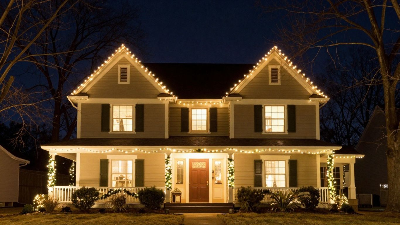 Glen Carbon house with permanent Christmas lights at night.