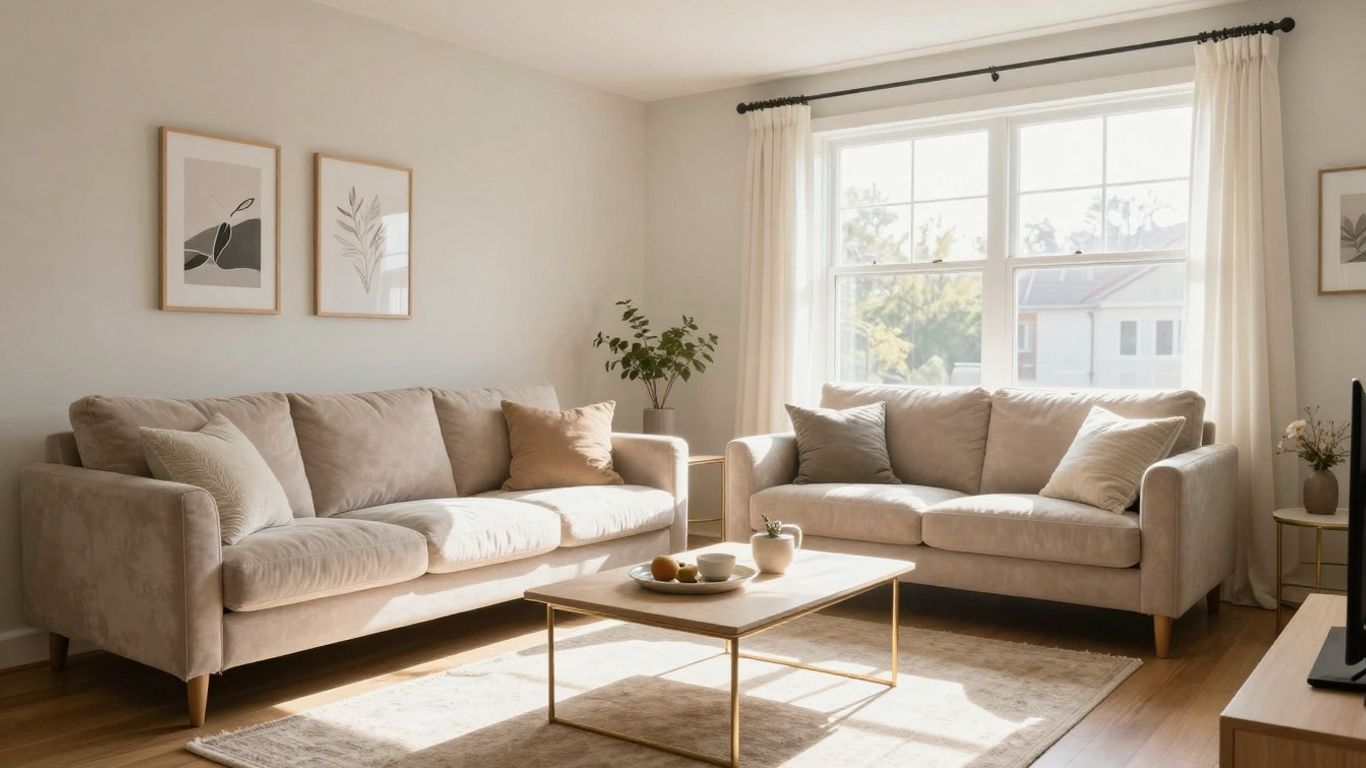 Modern Airbnb living room with stylish furniture and natural light.