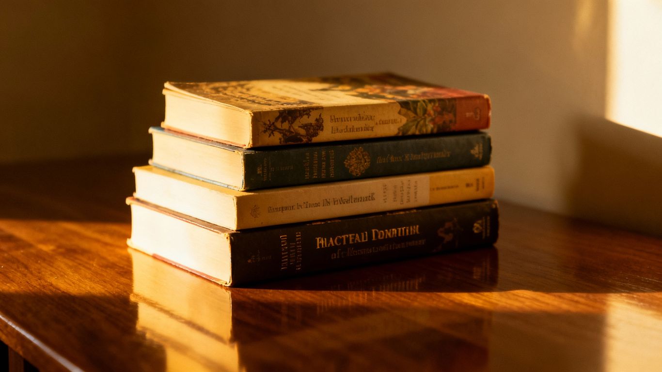 Stack of five books on a wooden surface.