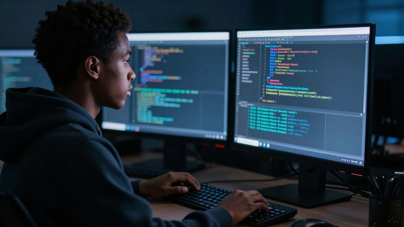 Person in hoodie working on a computer with code.