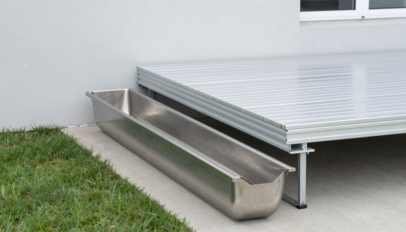 Stainless steel drainage channel beside aluminium channel in an architectural setting