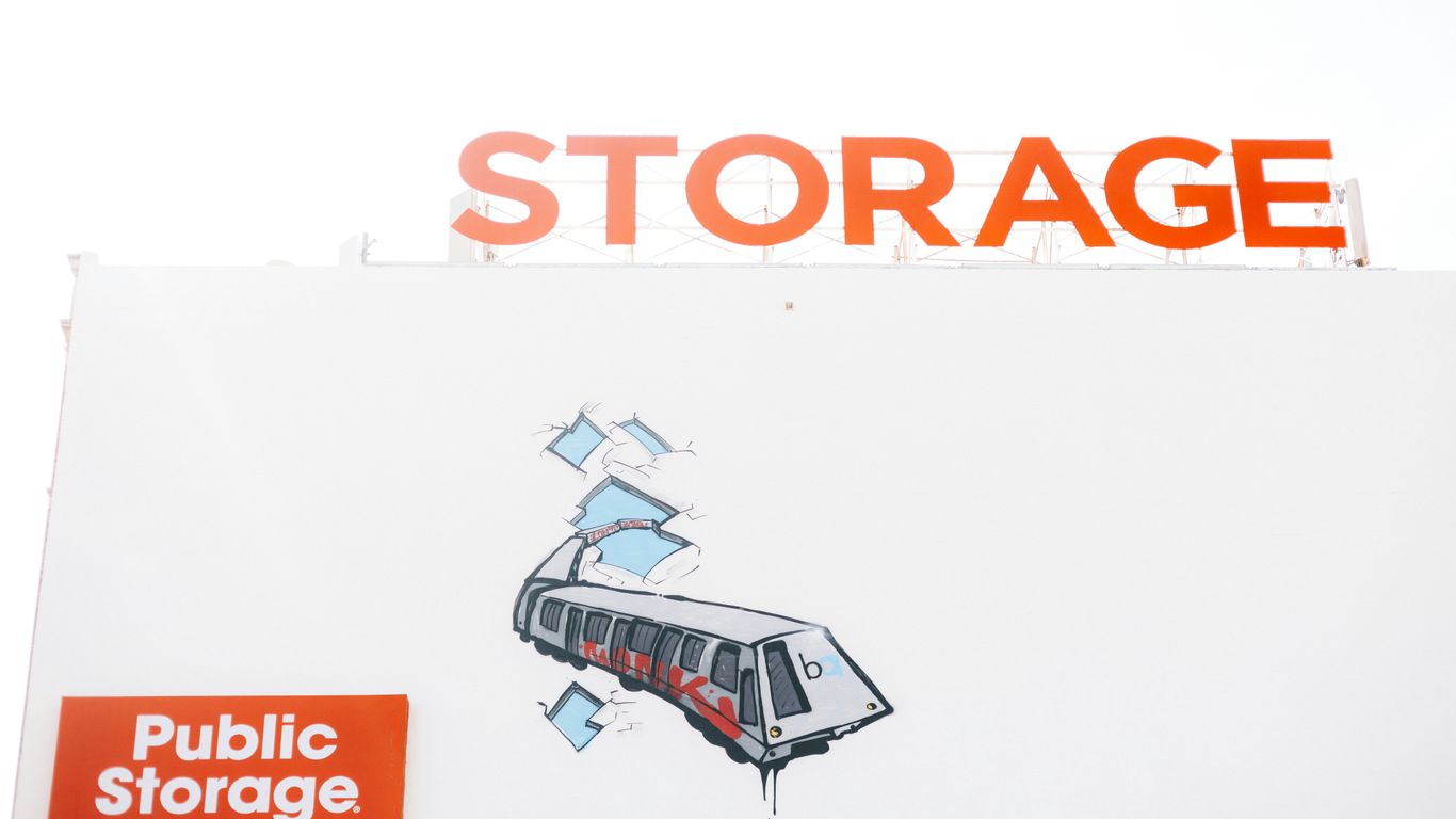 Public storage building with a sign.