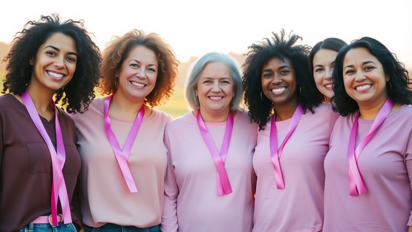 Mulheres diversas com laços rosas em campanha Outubro Rosa
