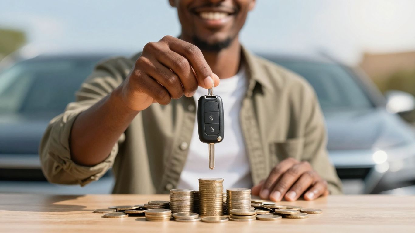Person with keys, coins, and car, symbolizing savings.
