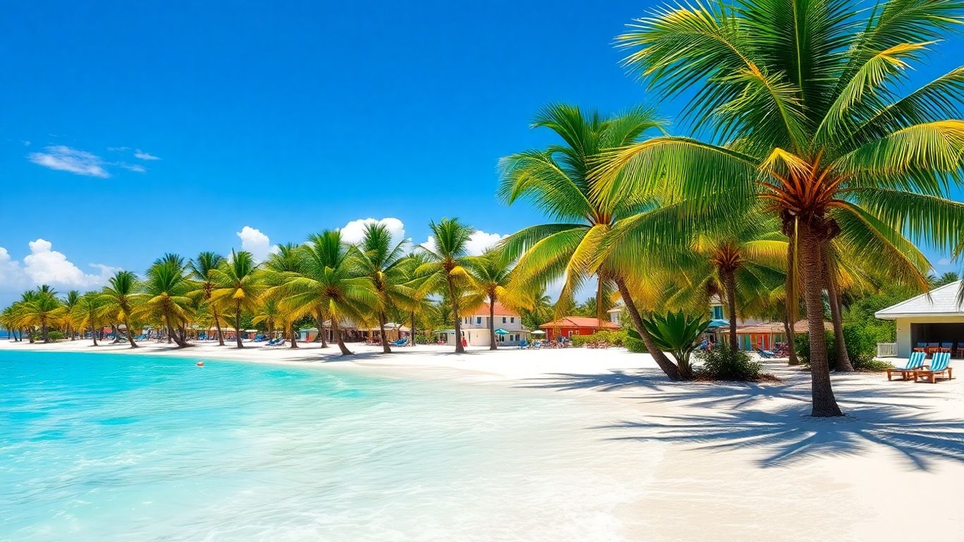 Tropical Caribbean beach with palm trees and clear blue water.