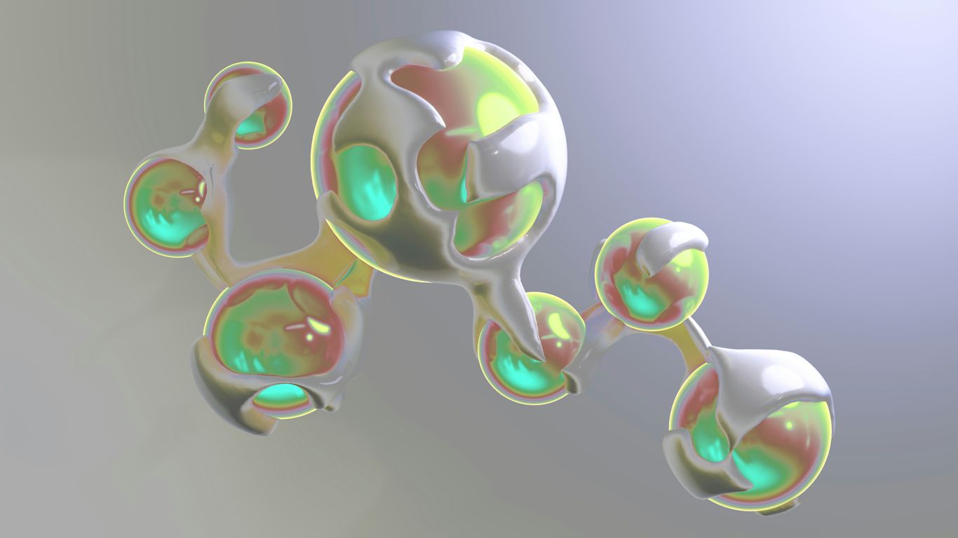 Abstract, blob-like structures in shiny, pastel colors.