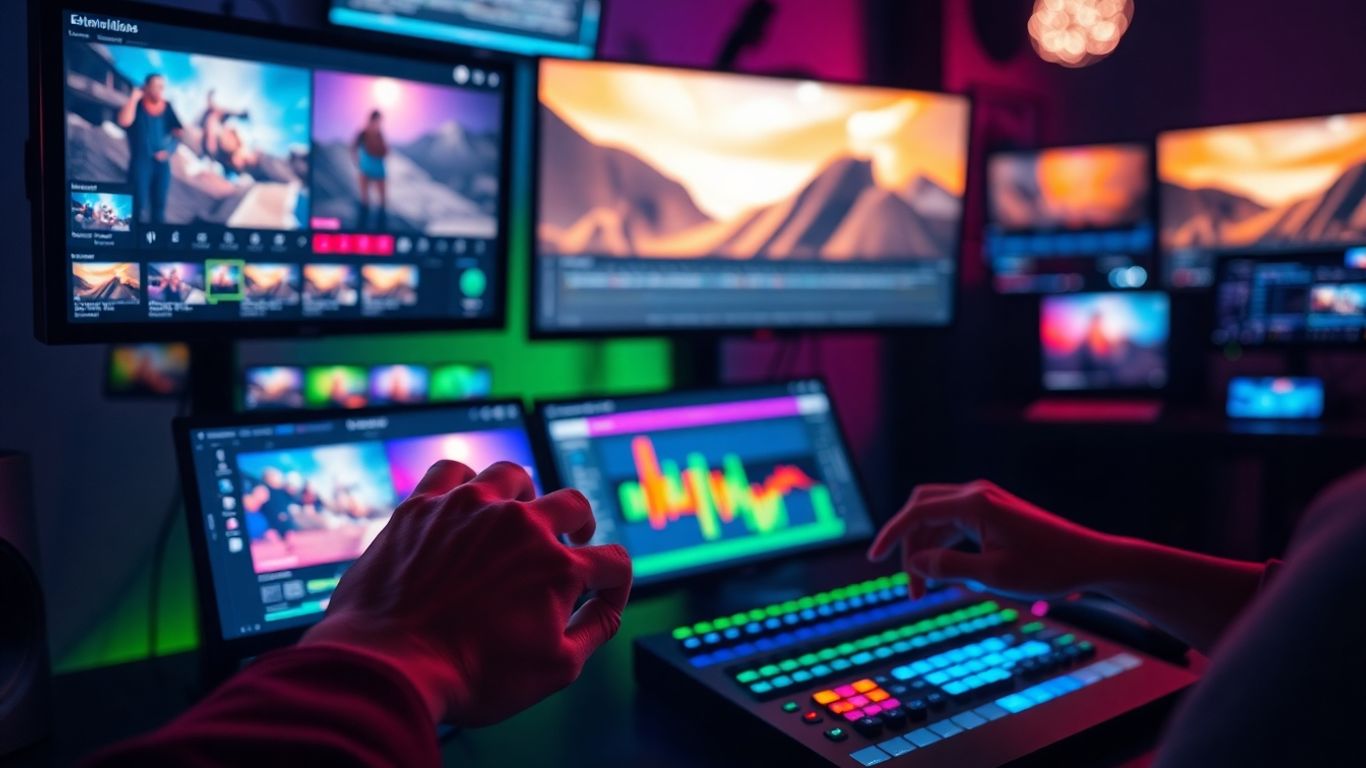 Video editing suite with glowing monitors and active hands.