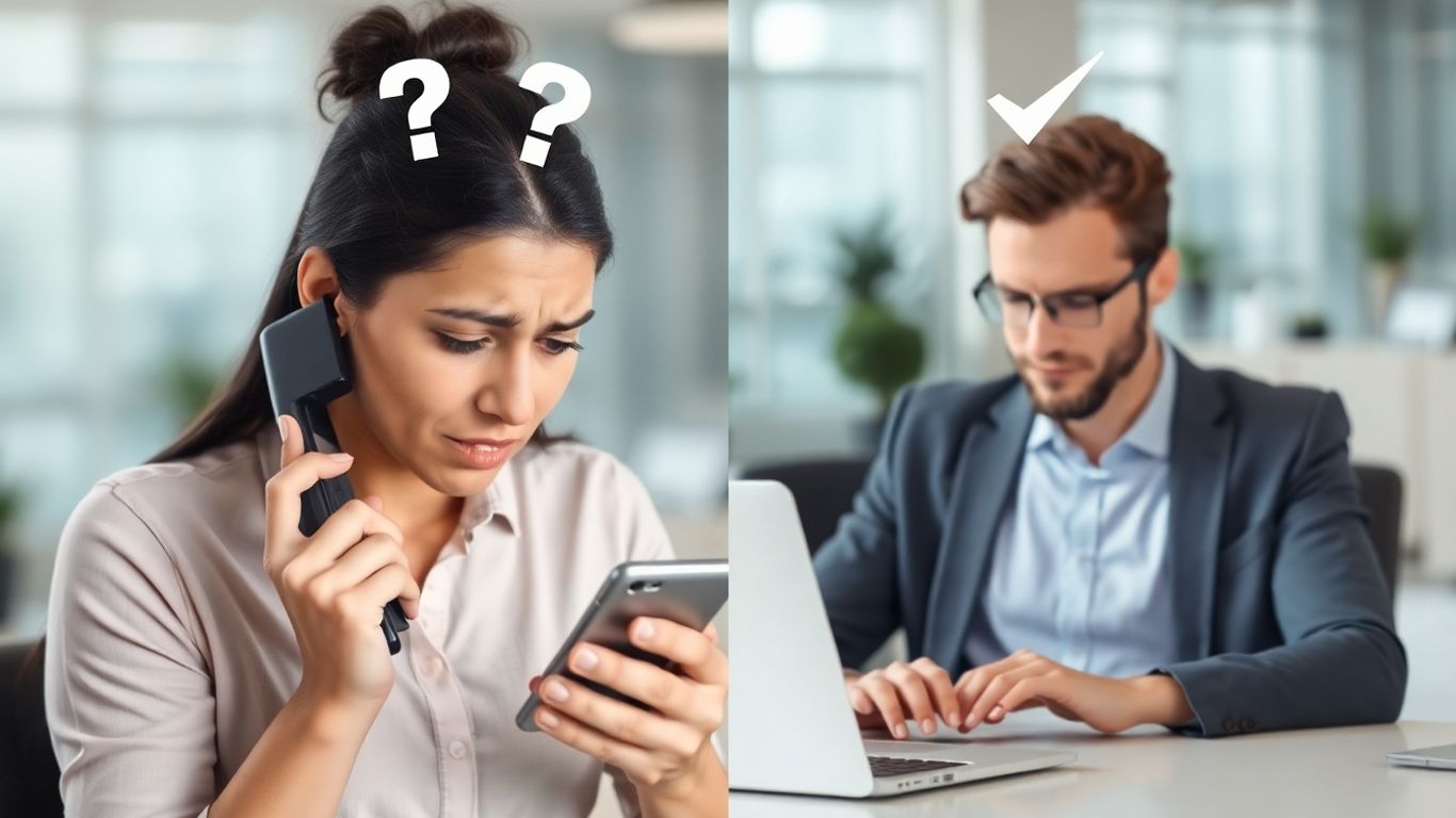 焦虑的人拿着手机 vs. 冷静的人拿着电脑