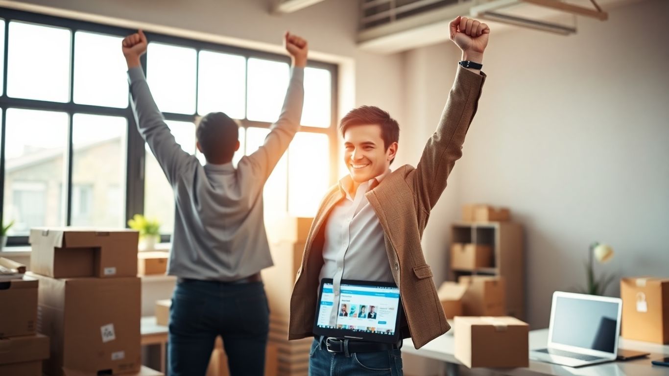 Dropshipping entrepreneur celebrating e-commerce success.