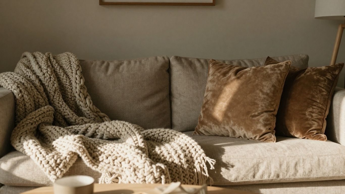Cozy living room with warm lighting and plush textures.