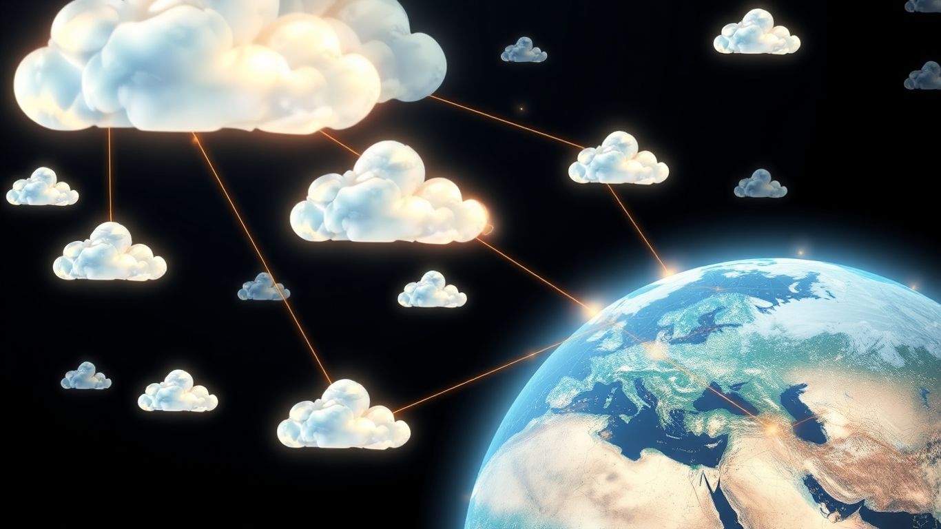 Rețea globală de cloud computing cu servere și fluxuri de date.
