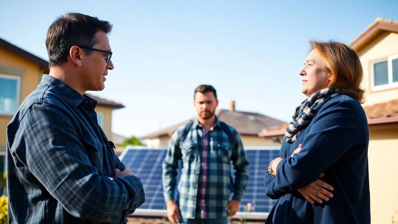 Voisins discutant près de panneaux solaires sur un toit