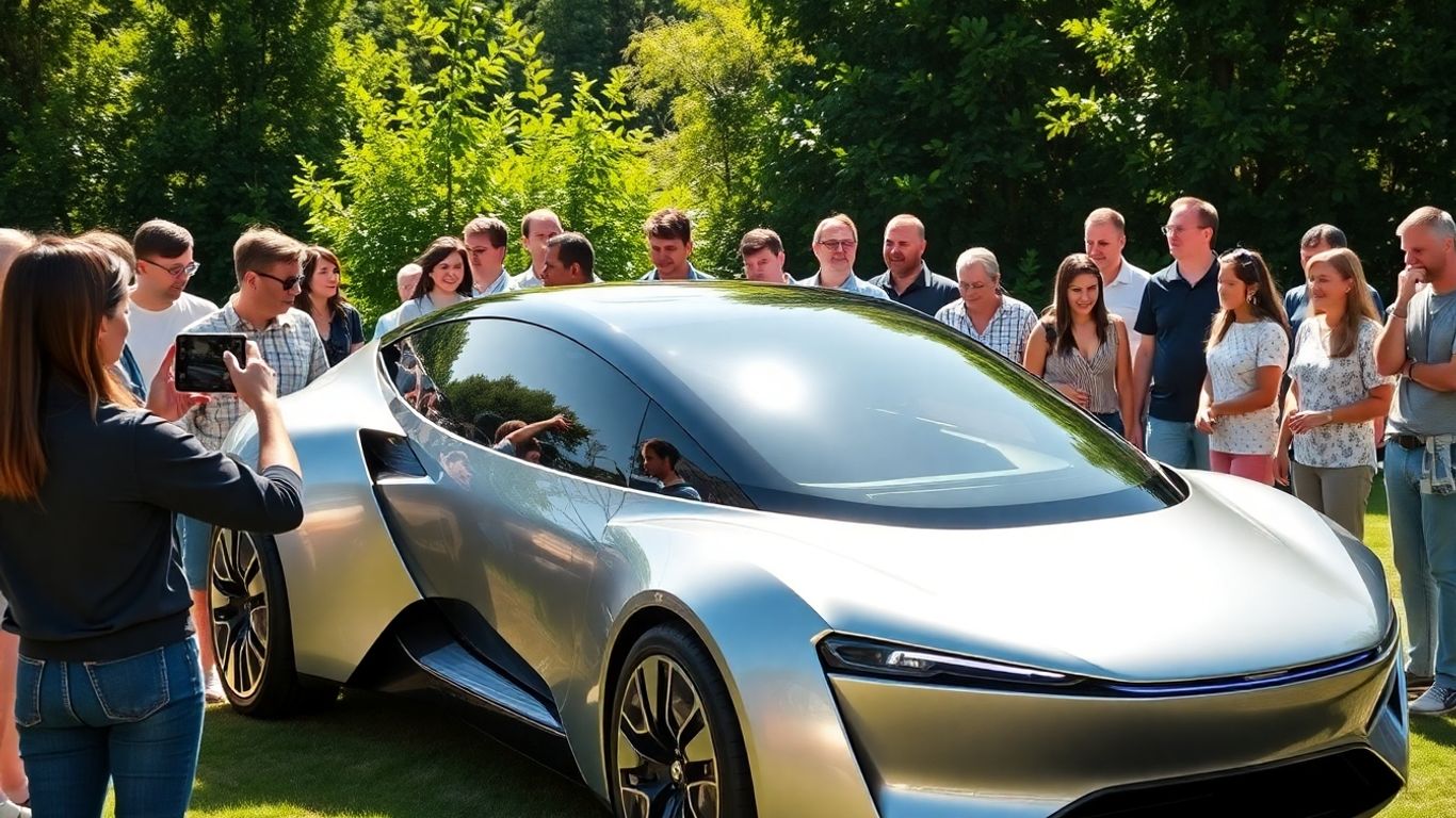 Communauté autour d’une voiture électrique futuriste en plein air