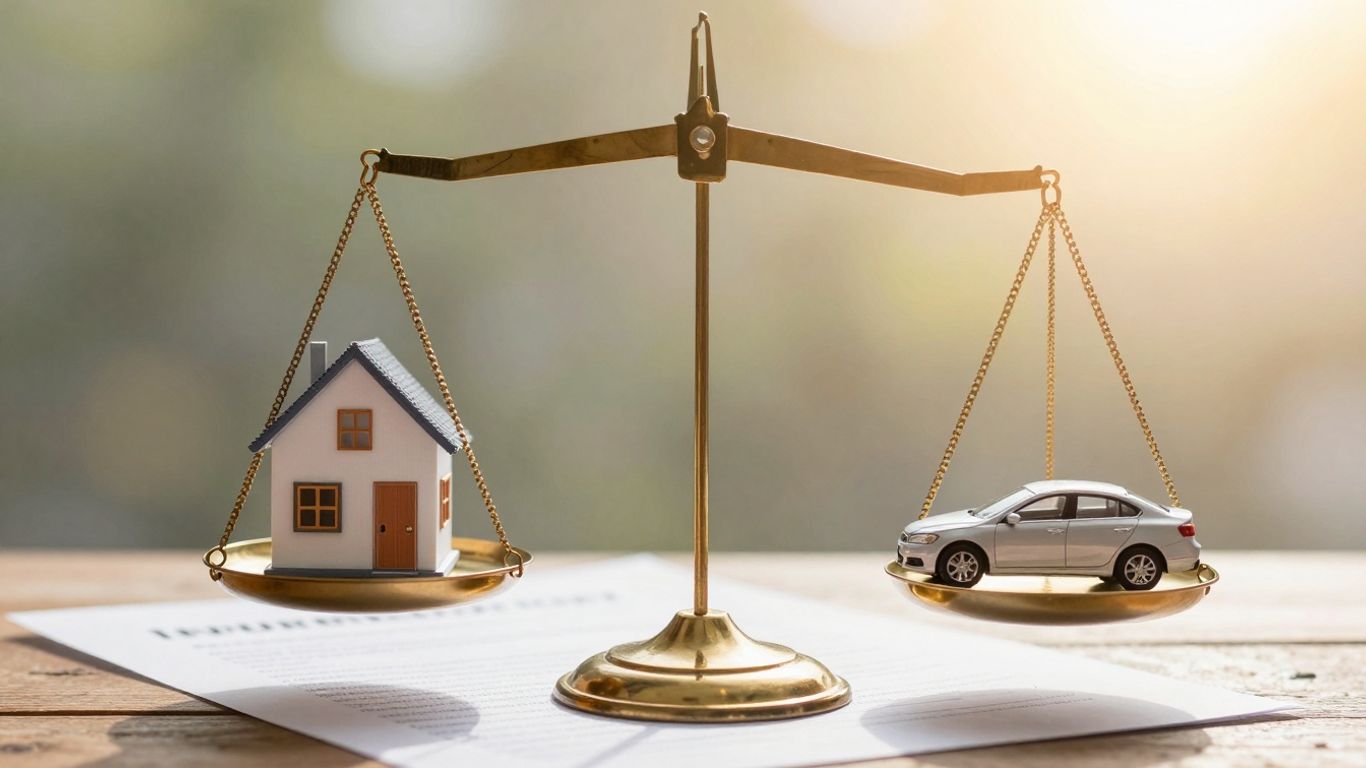 Balanza con documentos de seguro y bienes.