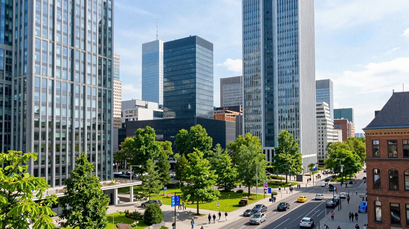 German cityscape with modern and historic buildings.