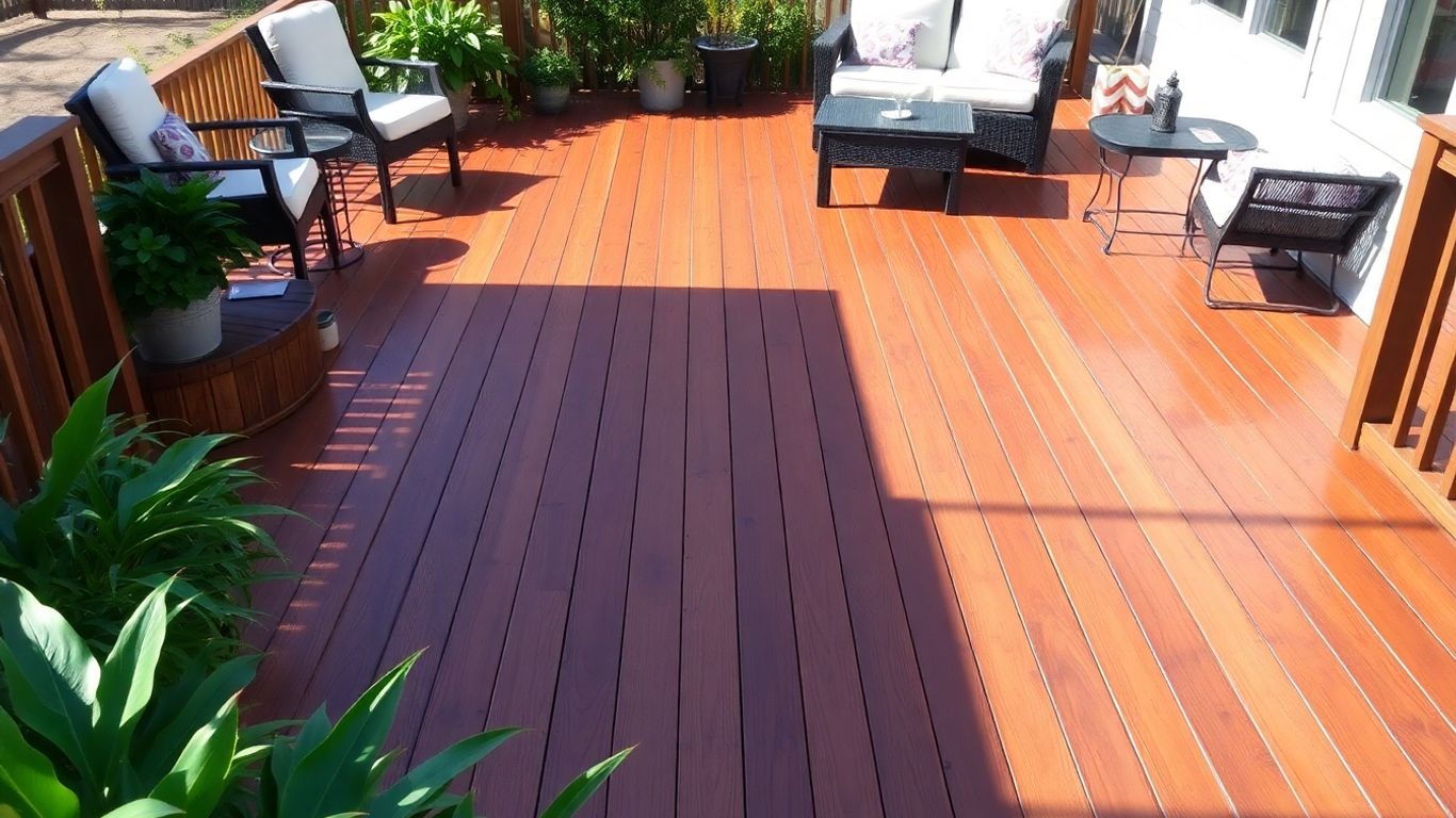 Refinished wooden deck with plants and furniture.