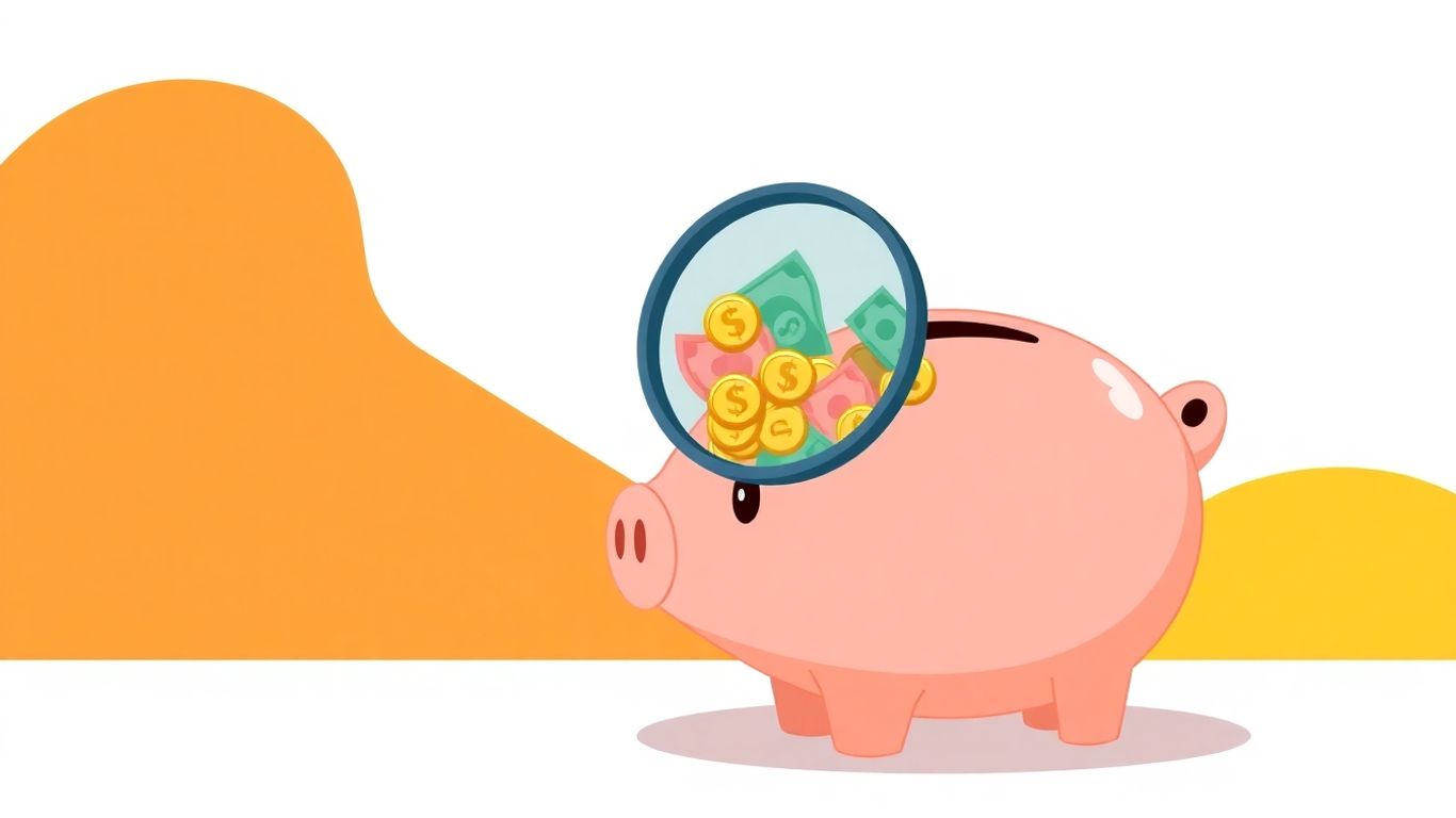 Cartoon piggy bank with magnifying glass showing hidden money.