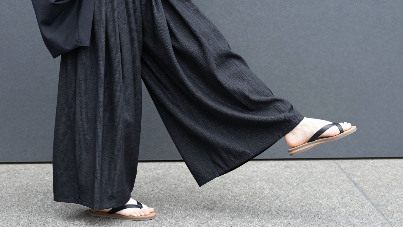 Model wearing black hakama pants with a modern outfit.
