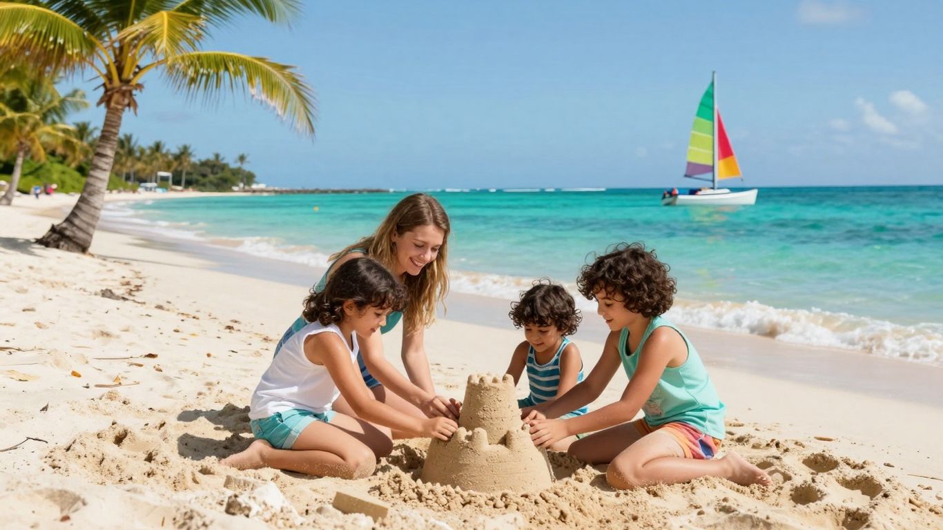 Family enjoying a sunny beach vacation with a sailboat.