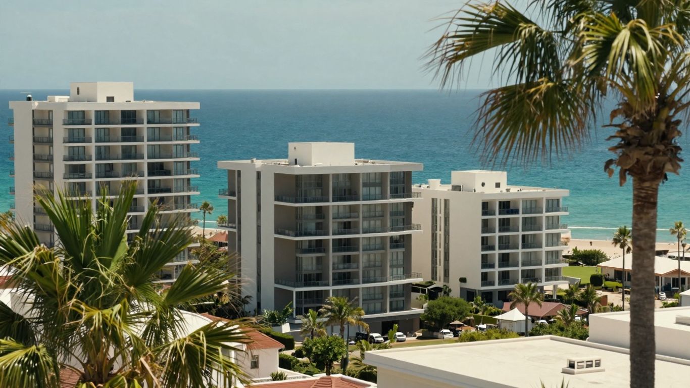 Cabo condos with ocean views and palm trees.