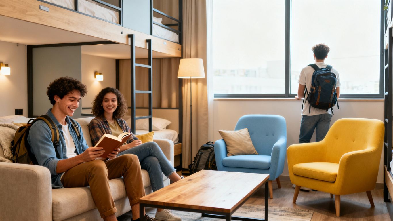 Travellers relaxing in a safe and secure hostel common area.