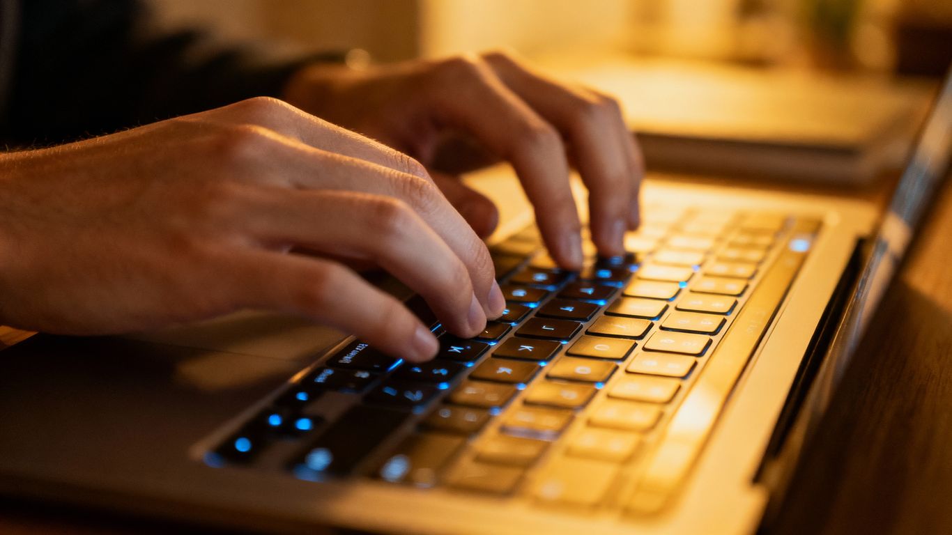 Hands typing on a laptop keyboard.