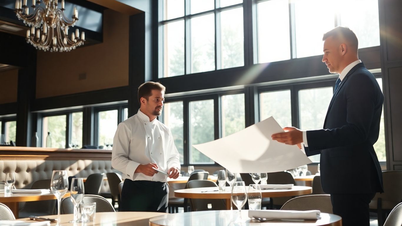 Consultant et chef discutant dans un restaurant chic.