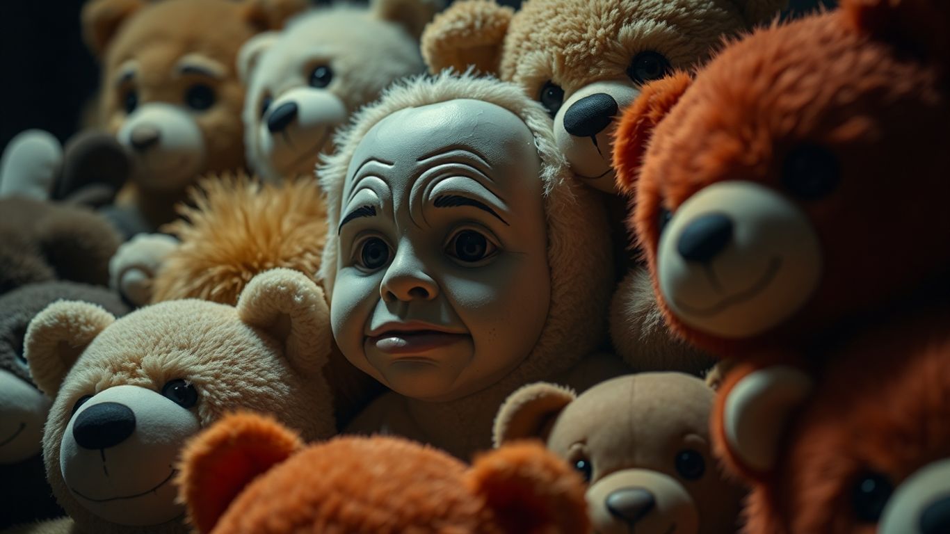 Stuffed animals with human-like faces.
