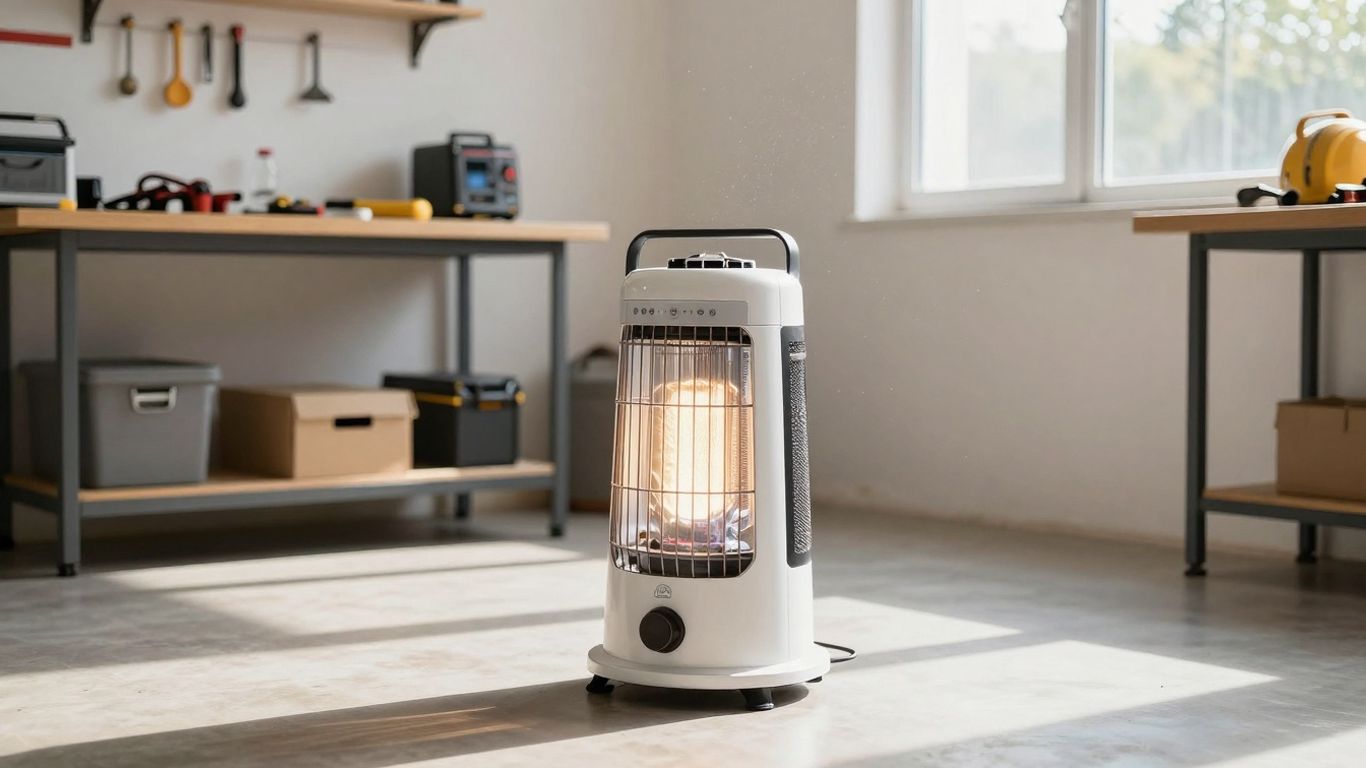 Propane heater in a workshop, emitting warmth.