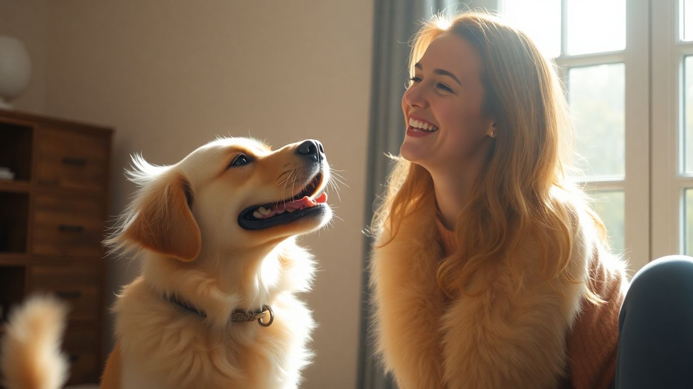 Owner training happy dog with treat