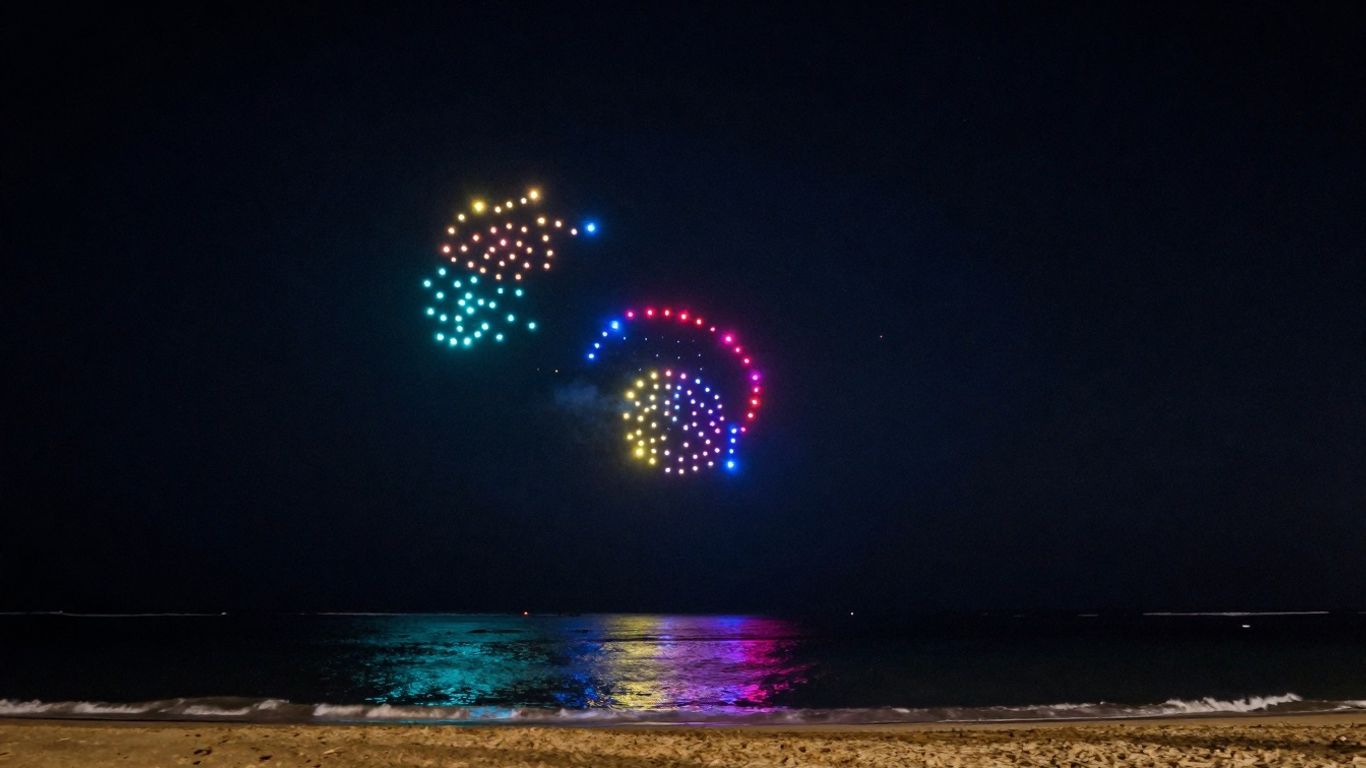 Drone show over Bali beach at night.