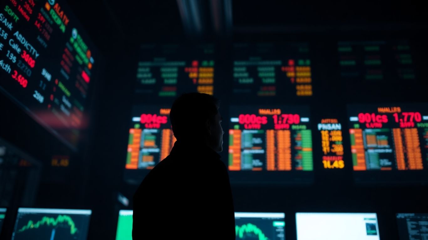 Trading floor at night with glowing screens.