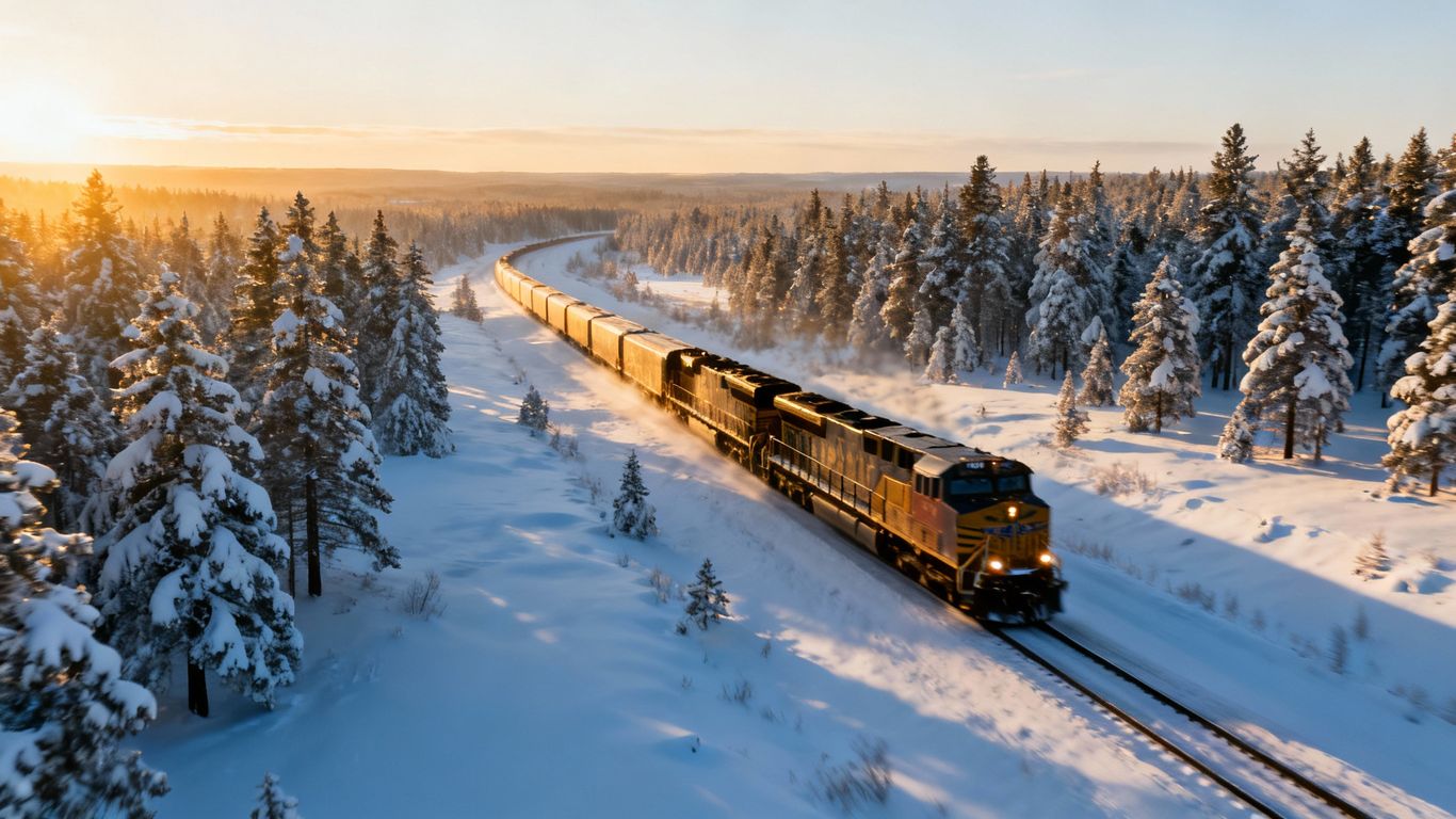 Trans-Siberian Railway train in a snowy landscape.