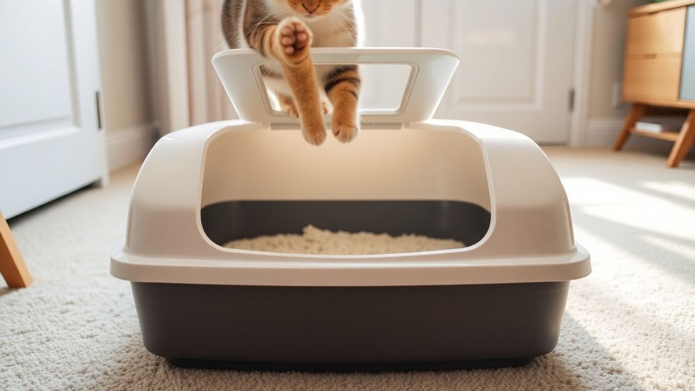 Top entry cat litter box with cat paws visible