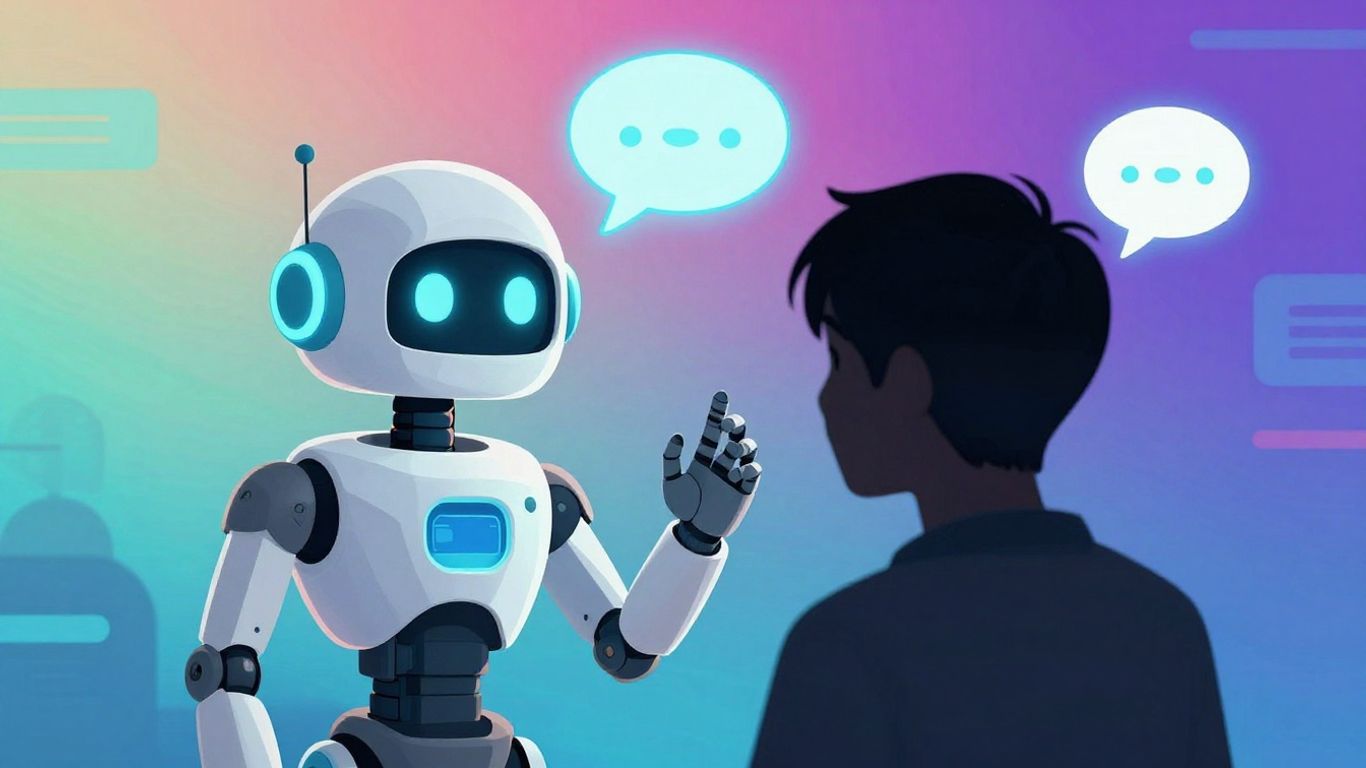 Robot and human chatting with speech bubbles.