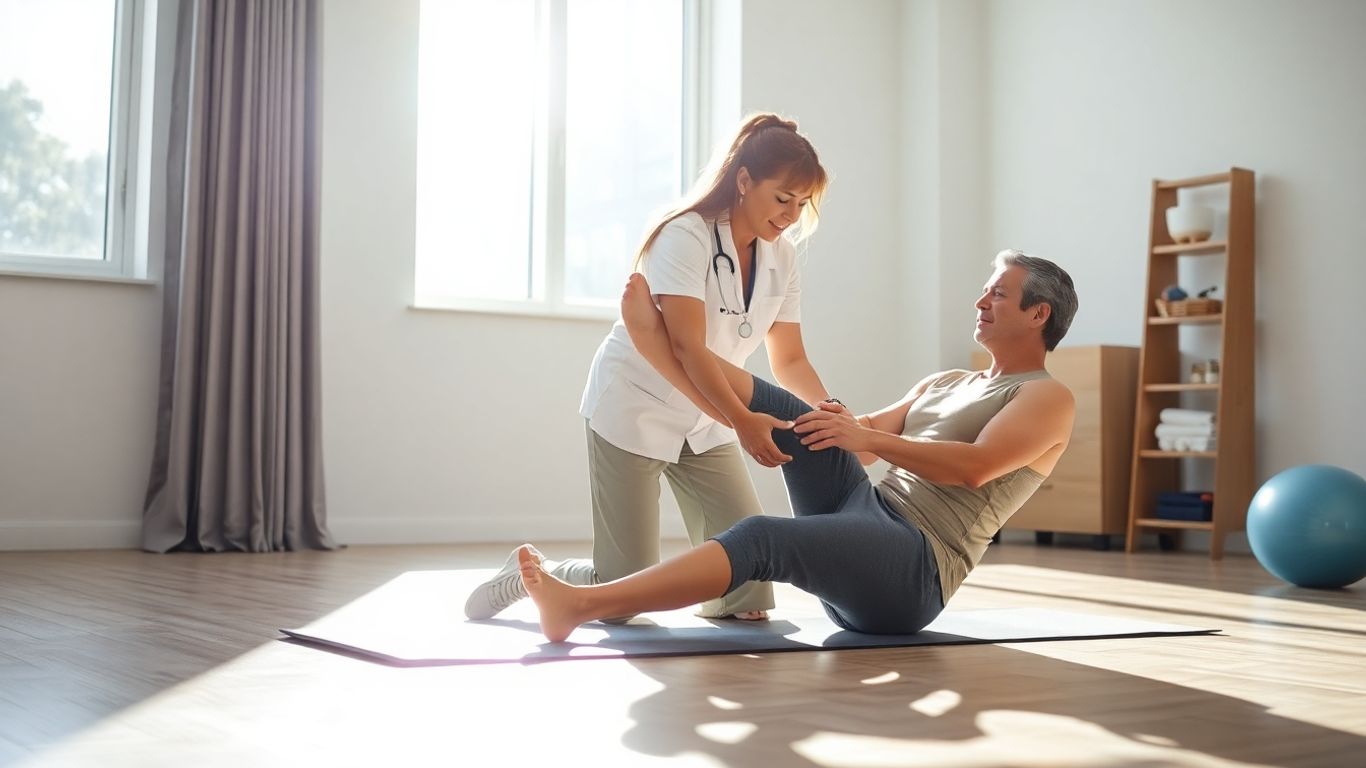 Patient and therapist during physical rehabilitation exercise.