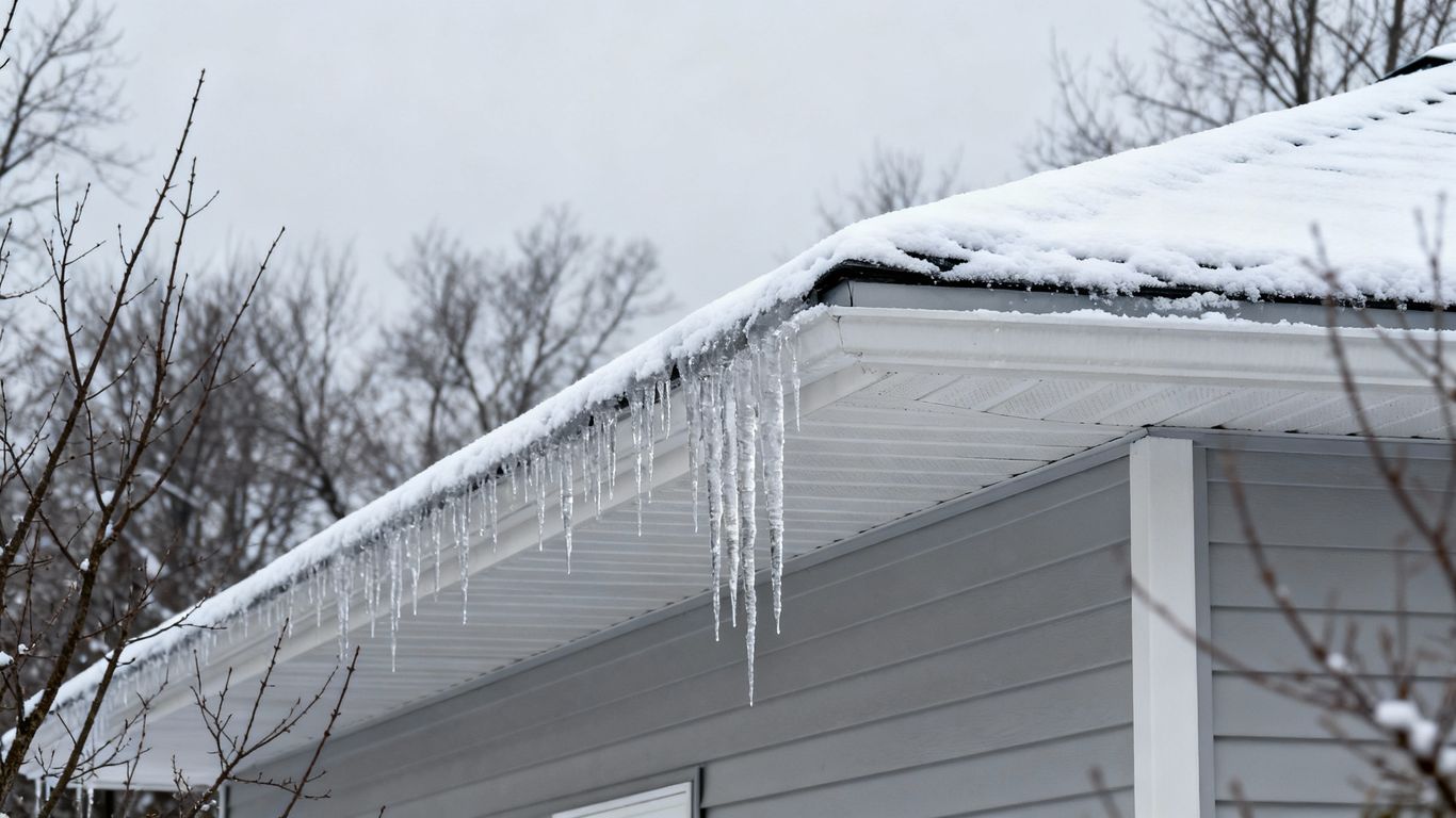Snow-covered roof with icicles in winter.