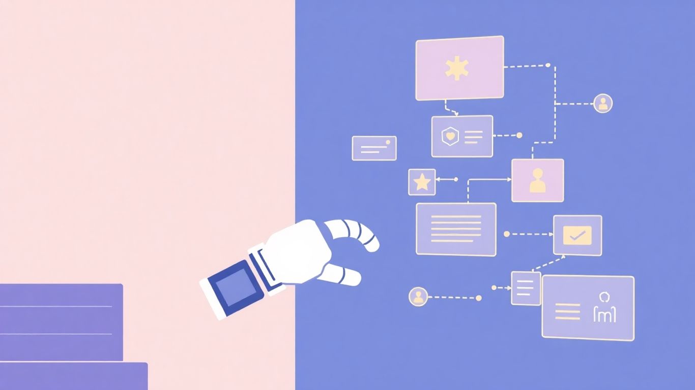 Marketing automation platform illustration with robot arm organizing tasks.
