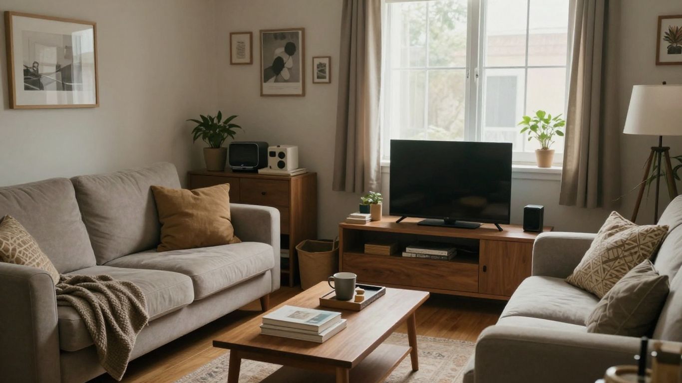 Sala de estar segura con pertenencias protegidas.