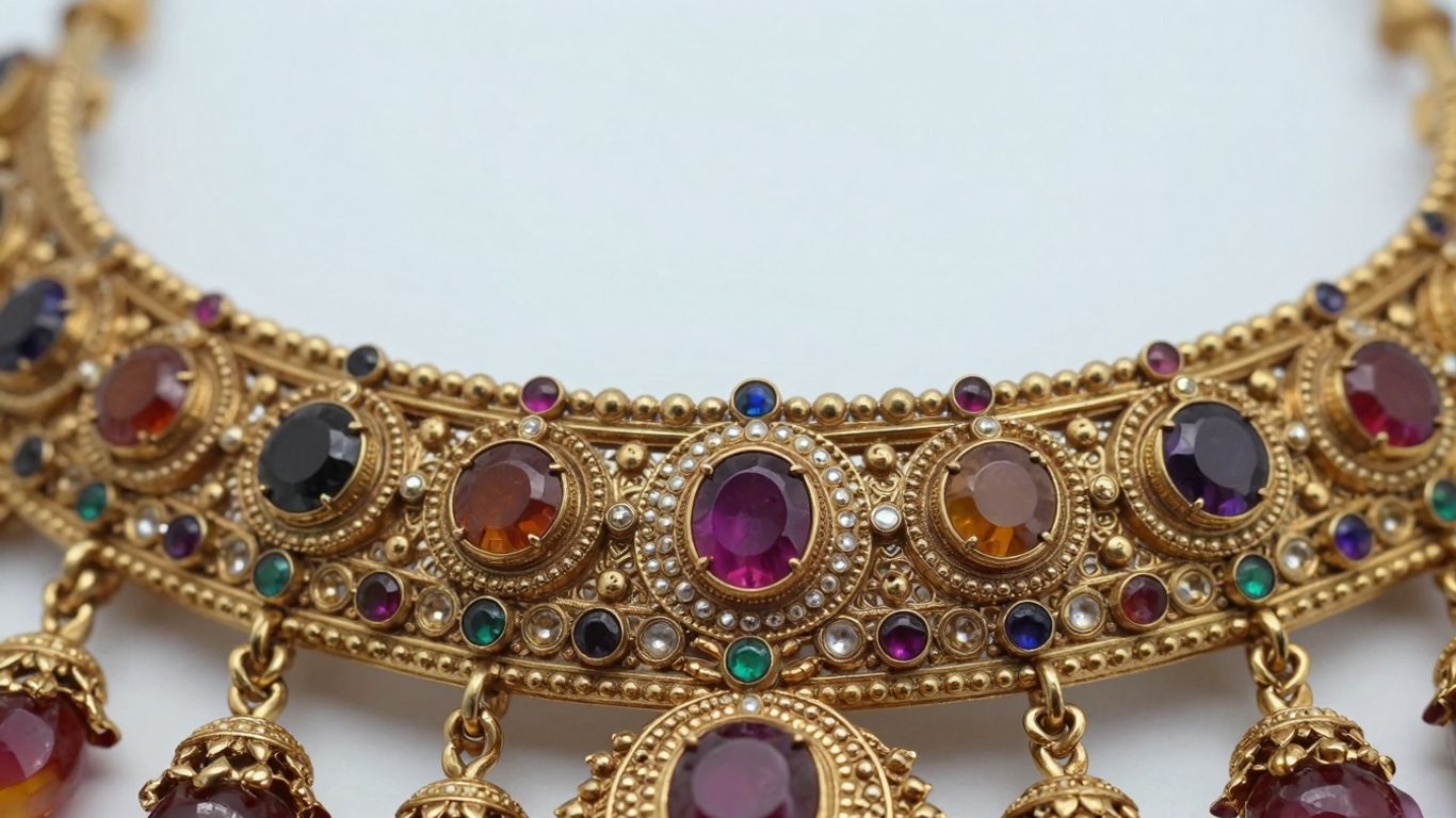 Intricate Nakshi jewellery with gemstones and traditional Indian motifs.