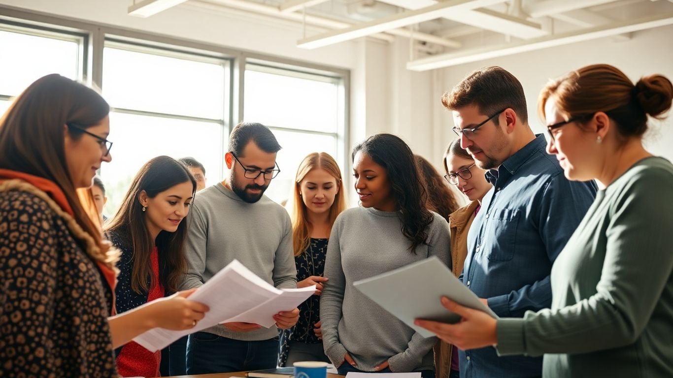 Volwassenen die leren en samenwerken in een modern klaslokaal.
