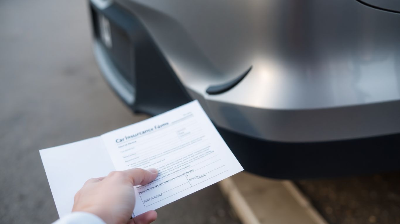 Car accident aftermath with insurance paperwork.
