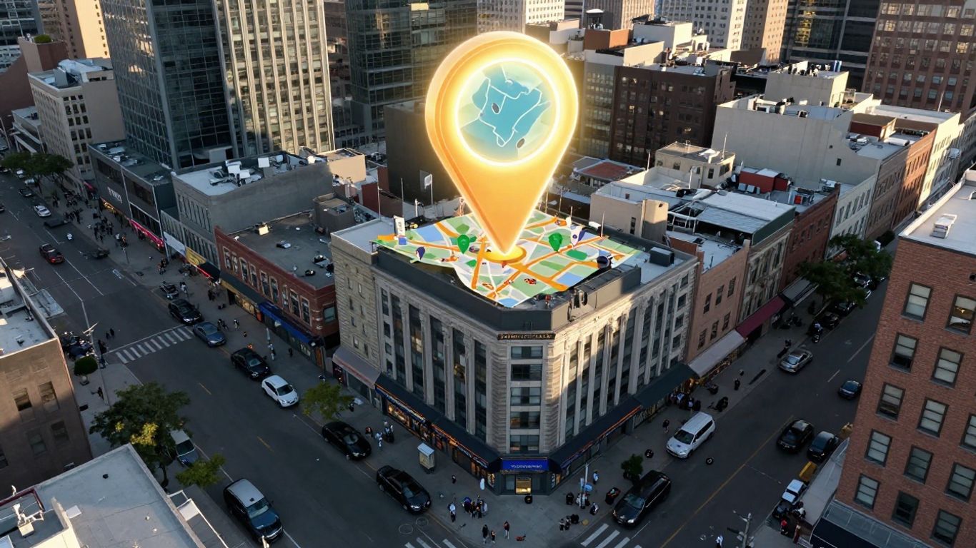 Google Maps pin above city businesses