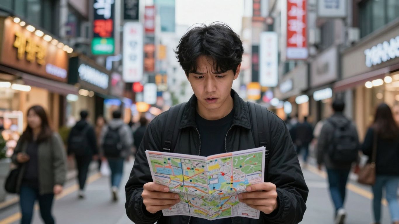 Expat looking lost on a busy street in Seoul.