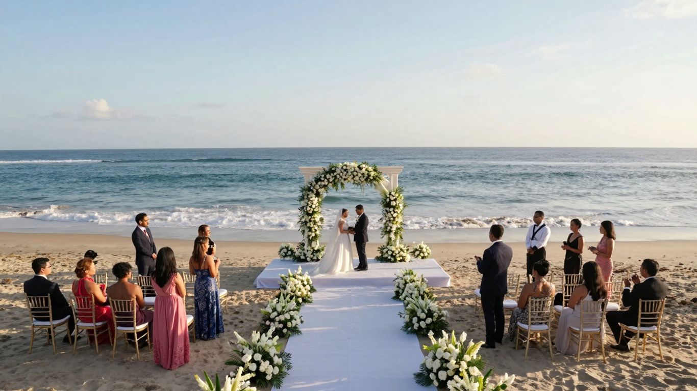 Luxury Bali wedding ceremony at sunset on the beach.